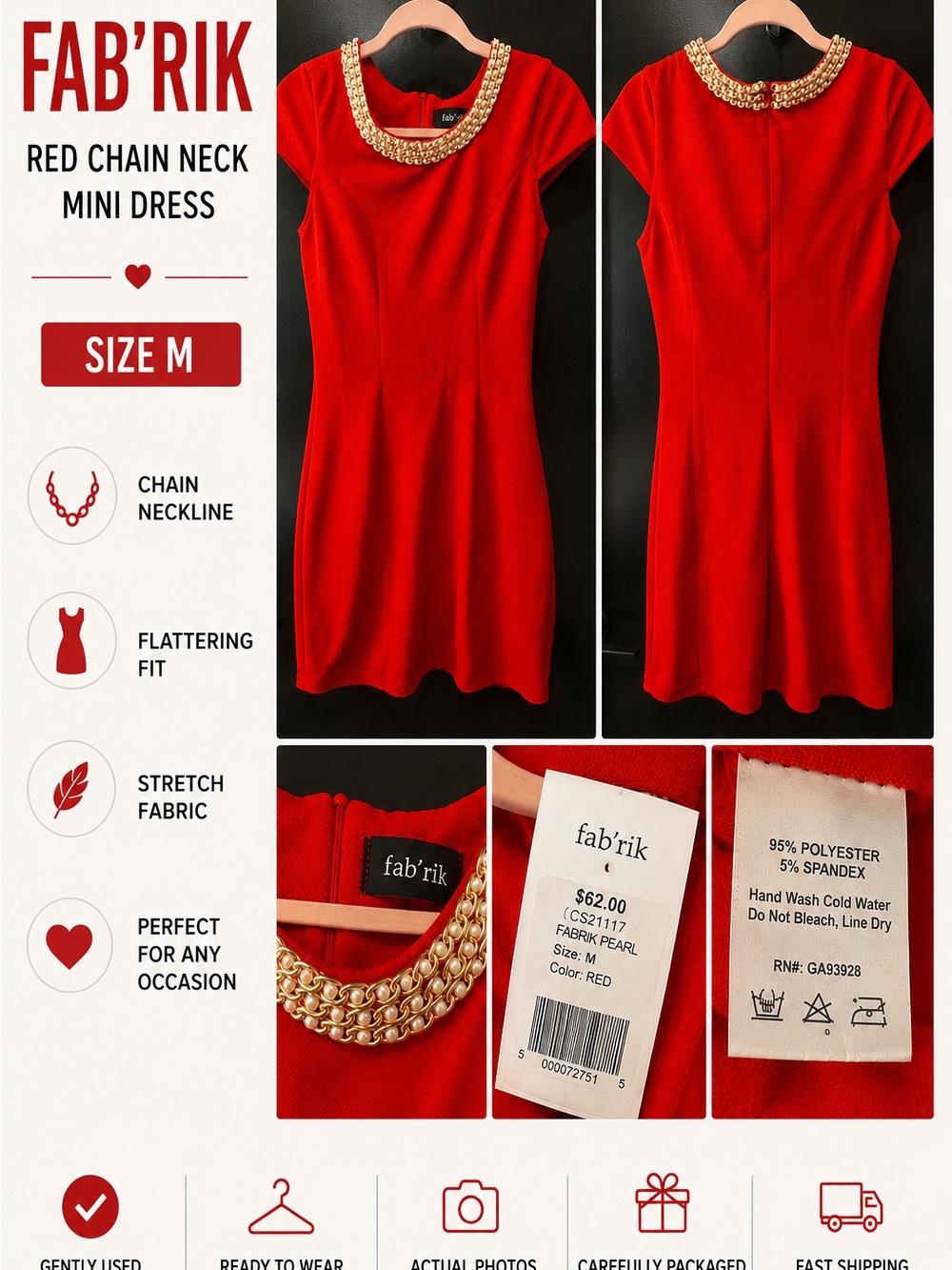 fab'rik Red Mini Dress with Gold Chain Neckline